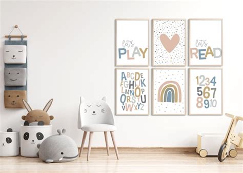 Printable Wall Art Set Of 6 Playroom Kids Posters Alphabet Etsy