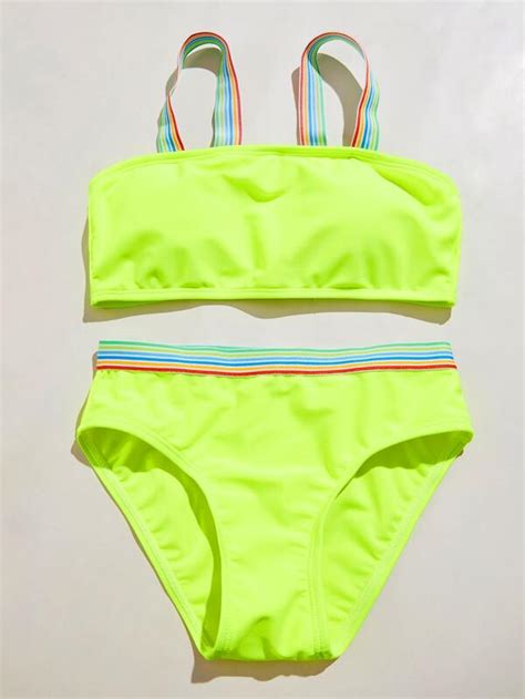 Shein Girls Neon Lime Contrast Binding Bikini Swimsuit Pink Shop