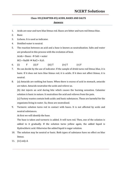 Ncert Solutions For Class Science Chapter Acids Bases And Salts Free Pdf