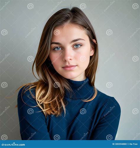 Portrait Of A Beautiful Young Woman With Blue Eyes Isolated On Gray