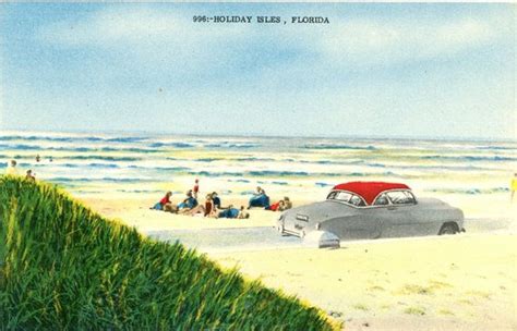 Holiday Isles Florida Beach Scene With Old Auto Vintage Postcard