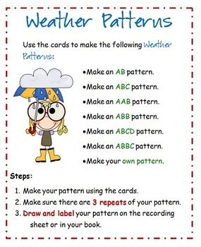 This fun pattern worksheet asks children to work out which weather picture comes next in the sequence! Freebie - Math Weather Patterns activity and recording sheet | TpT