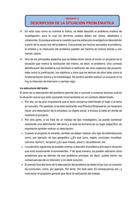 sesion n° 3 descripcion de la situacion problematica en este caso como su nombre lo indica