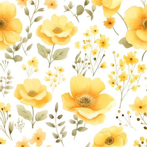 Premium Ai Image Vibrant Yellow Floral Watercolor Seamless Pattern