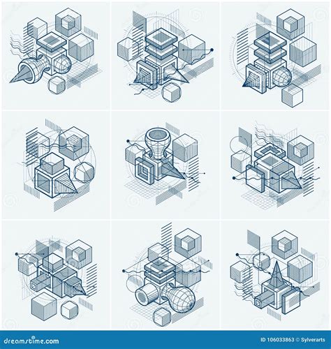 Isometric Abstractions With Lines And Different Elements Vector Stock