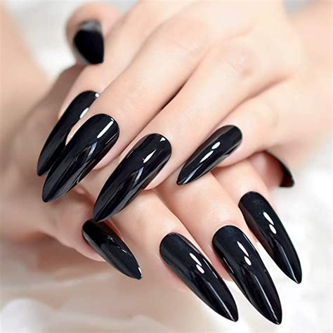 echiq extra long sharp classic solid black stiletto false nails tips oval stilettos bright black