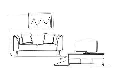 Continuous One Line Drawing Of Living Room Decoration With Sofa And Tv