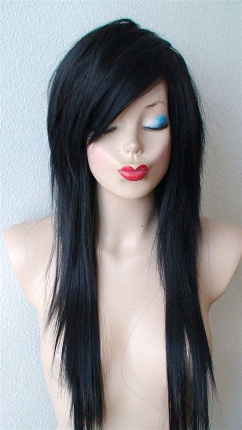emo wig scene wig black emo hairstyle wig gothic wig straight black wig with heavy layers