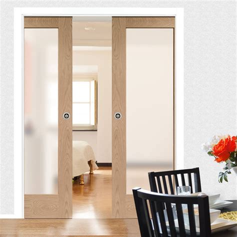 Double Pocket Pattern 10 Oak Shaker Door With Obscure Safe Glass Prefinished Slidingdoors