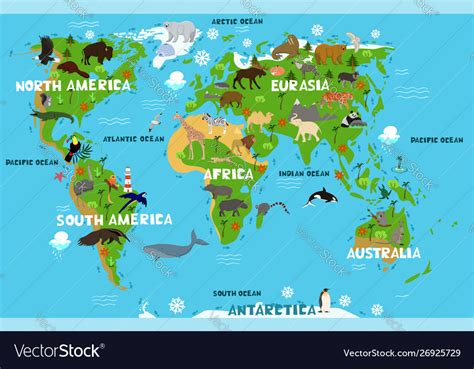Children S World Map With Names Continents Vector Image