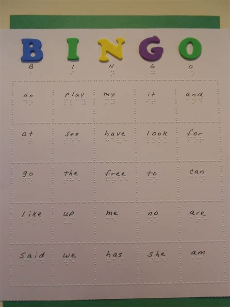 Braille Bingo Cards Twin Vision Printbraille Practice Kindergarten