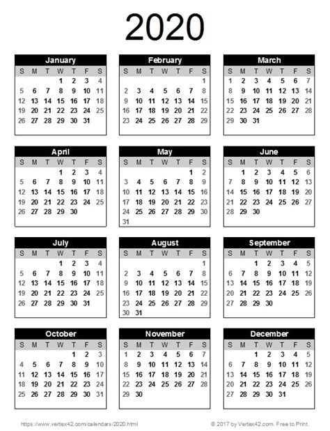 Printable Full Year Calendar 2020 Calendar 2020