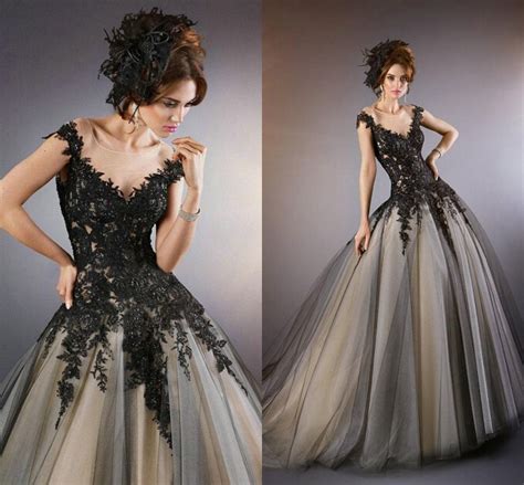 Gothic Wedding Dresses Black Lace Appliques With Champagne Inside See
