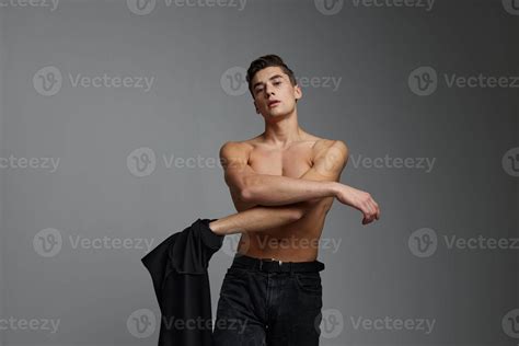 Handsome Male Nude Black Shirt Isolated Background Posing 22309952