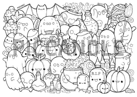 Halloween Doodle Coloring Page Printable Cutekawaii Etsy