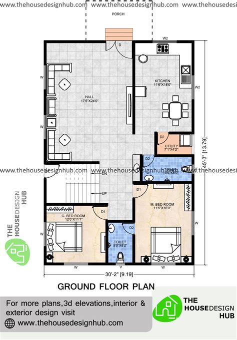 30 X 45 Ft Two-Bedroom House Plan Under 1500 Sq Ft | The House Design Hub