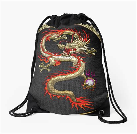 Golden Chinese Dragon Fucanglong On Black Drawstring Bags By Serge