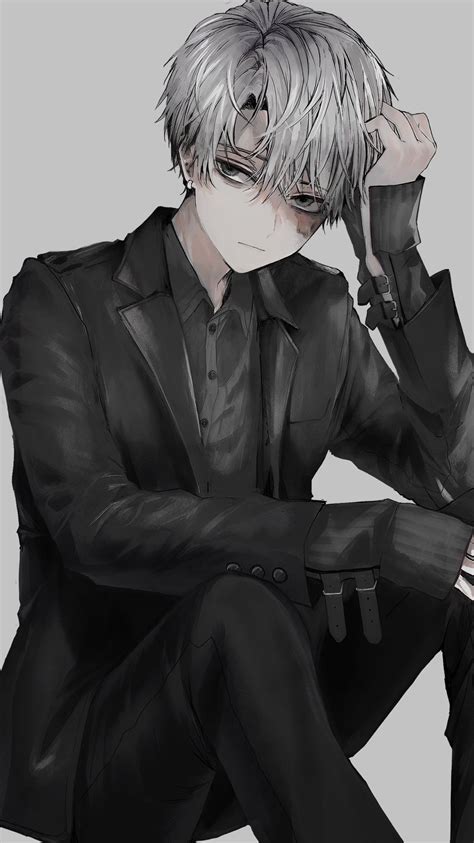 An Anime Character Sitting On The Ground With His Hands In His Hair And Wearing A Black Suit
