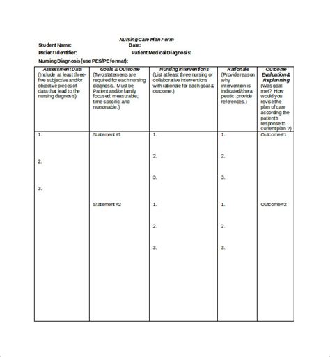 Free Printable Blank Nursing Care Plan Free Printable