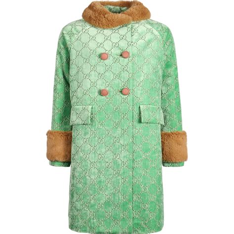 Gucci Girls Gg Velvet Coat In Green With Faux Fur — Bambinifashioncom