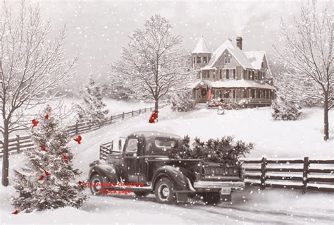 An Old Fashioned Truck Is Parked In Front Of A Christmas Tree On The