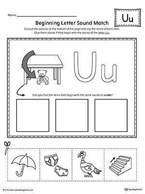 Short Letter U Beginning Sound Picture Match Worksheet | Preschool