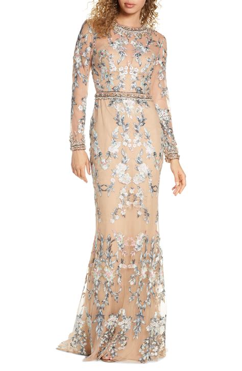 Mac Duggal Embellished Long Sleeve Lace Gown In Natural Lyst