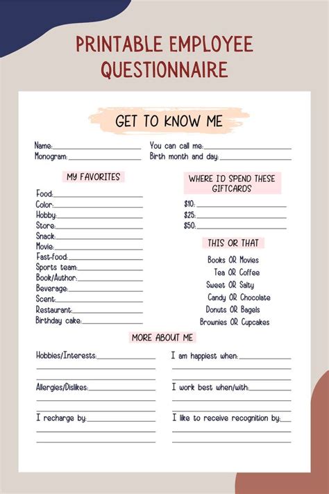 A Printable Employee Question Sheet With The Words Get To Know Me On It