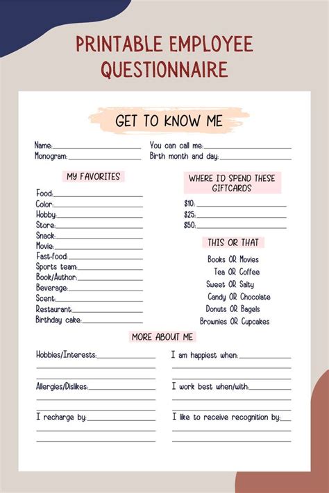 Coworker Questions Printable All About Me Employee Questionnaire
