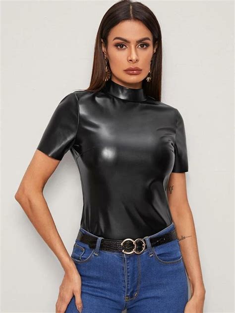 SHEIN Mock Neck Short Sleeve PU Leather Top Leather Shirt Sexy
