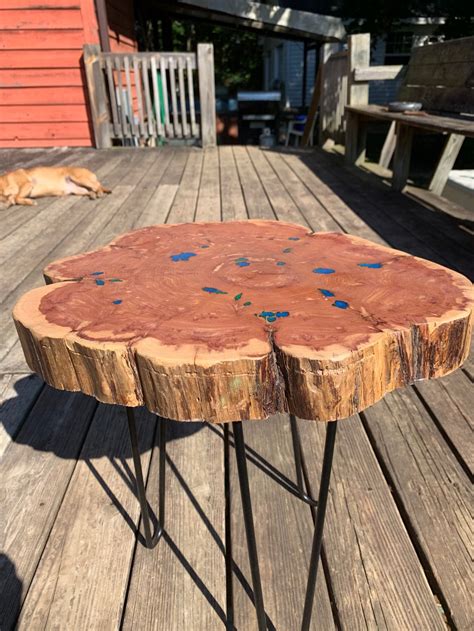 Live Edge Rustic Cedar End Tablecoffee Table With Resin Etsy