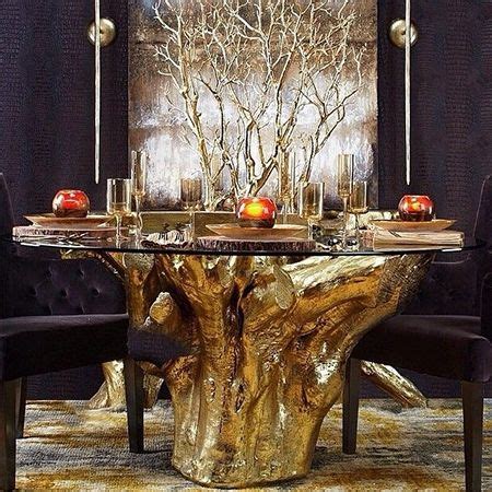 Rectangular drum shade chandelier next to rattan dining chairs alongside wicker dining chair and painted rattan. gold tree stump dining table. Fascinating! This could be ...