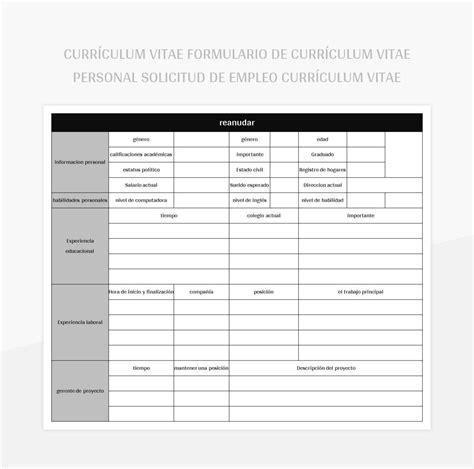 Plantilla De Excel Currículum Vitae Formulario De Currículum Vitae