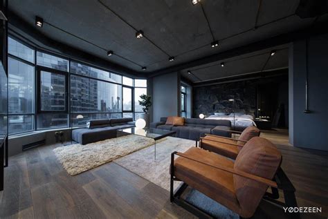Do not forget to set the layout and decor style with the right ones. Apartment in concrete, dark surfaces and dramatic lighting ...