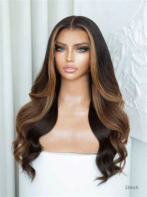 Julia Brown Hair Wig With Caramel Highlights 180 Density Hd Lace