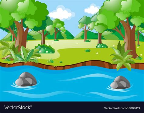 Nature Scene With River And Field Royalty Free Vector Image Woodland