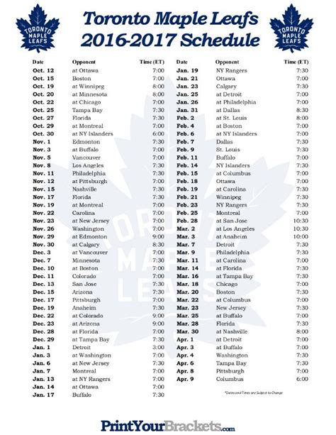 Printable Toronto Maple Leafs Hockey Schedule 2016 2017 Tml • 2016