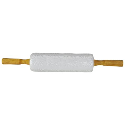 175 White Ceramic Floral Imprint Rolling Pin With Wooden Handles