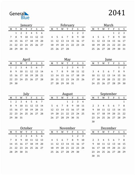 2041 Yearly Calendar Templates With Monday Start