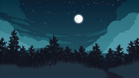 Forest Landscape Flat Color Illustration At Night Time Desktop