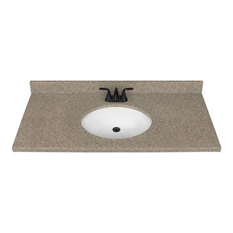 The porcelain sinks are oval and mounted under the vanity top. 49-in Nutmeg Solid Surface Bathroom Vanity Top at Lowes.com