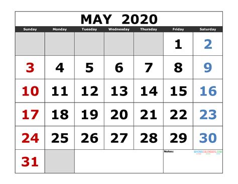 May 2020 Printable Calendar Template Excel Pdf Image Us Edition