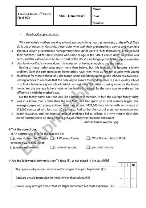 Mid Term Test N¢ª1 3rd Forms Esl Worksheet By Nina111