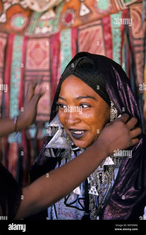 Algeria Tamanrasset Sahara Desert Portrait Veiled Woman Of Tuareg Tribe During The Tafsit Or