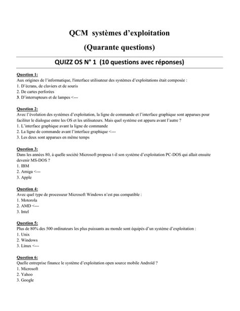 QCM systèmes d`exploitation (Quarante questions) QUIZZ OS N° 1