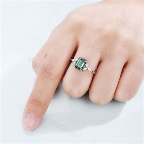 Green Sapphire Engagement Ring Emerald Cut White Gold 14k18k Vintage Moissanite Wedding Ring