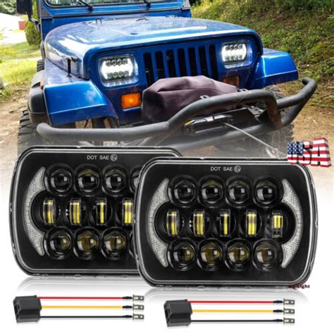 2pc 5x7 7x6 Led Drl High Low Beam Headlights H4 For Jeep Cherokee Xj