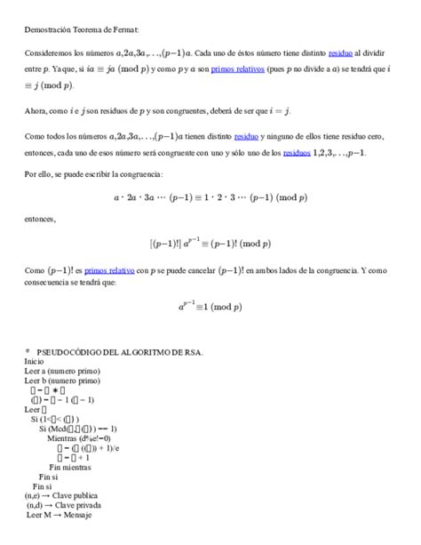 Doc Demostración Teorema De Fermat Y Pseudocodigo Rsa Luis Gordillo