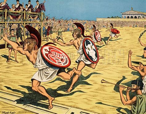A Painting Of Men In Roman Garb Running On The Beach With Shields And Spears