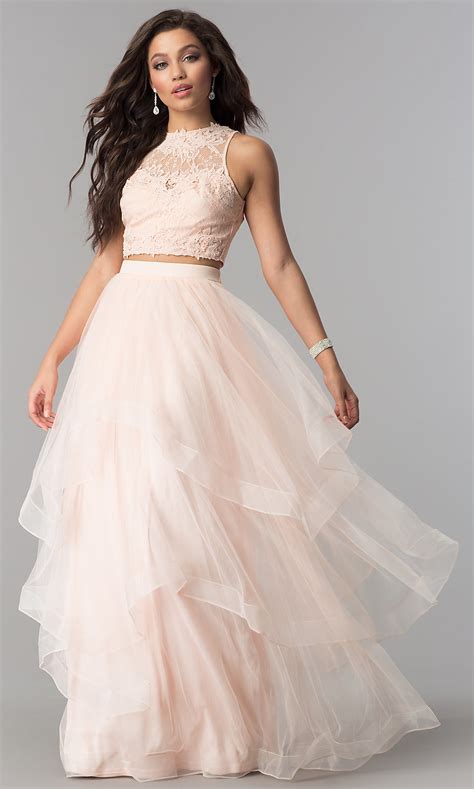 Long Tiered Tulle Two Piece Prom Dress Promgirl